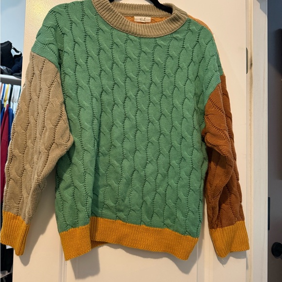 easel Sweaters - Easel M Cable Knit Color Block Sweater Neutral Green Brown